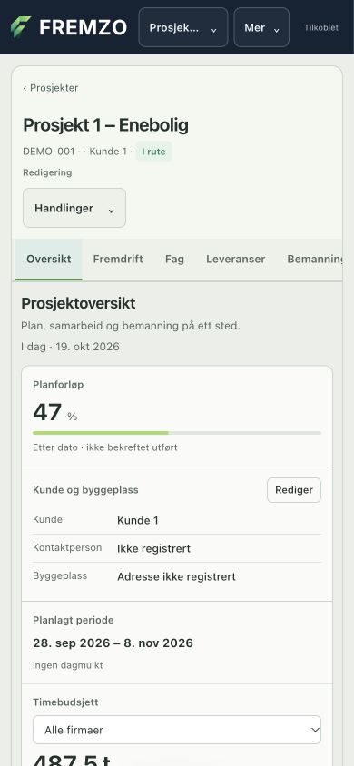 FREMZO på mobil: oversikt over Prosjekt 1